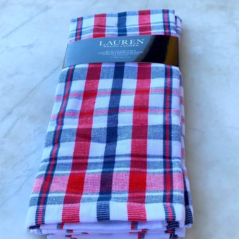 RALPH LAUREN KITCHEN TOWELS NAVY RED WHITE PLAID SET OF 2